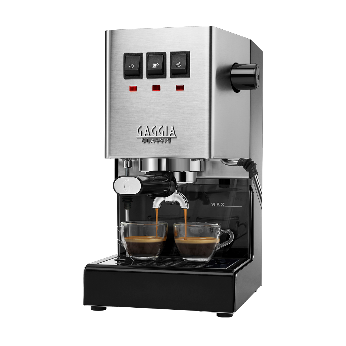 A sleek Gaggia Classic Evo espresso machine in stainless steel finish, featuring a minimalist design with a commercial-style 58mm portafilter, a professional steam wand for frothing milk, and a brushed metal exterior. The front panel displays simple, tactile switches for power and brewing control, along with a sturdy drip tray at the base. The machine’s robust, polished appearance reflects its premium build quality, ideal for home baristas looking for a durable and elegant addition to their kitchen.