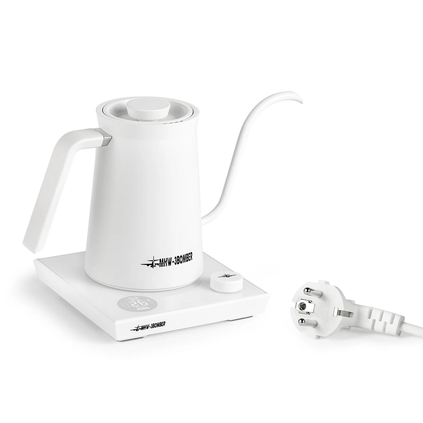MHW-3BOMBER Assassin gooseneck electric kettle. White, stainless steel, 600ml. Precision pour spout, auto-off, travel-friendly.