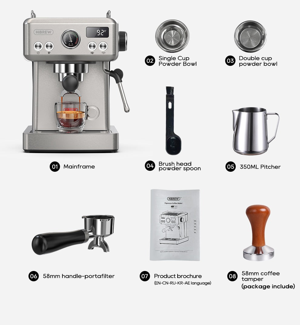 Complete package contents of the Hibrew H10A espresso machine, including coffee machine, portafilter, milk frother, and accessories. Perfect setup for home baristas and coffee enthusiasts seeking a comprehensive coffee brewing experience.