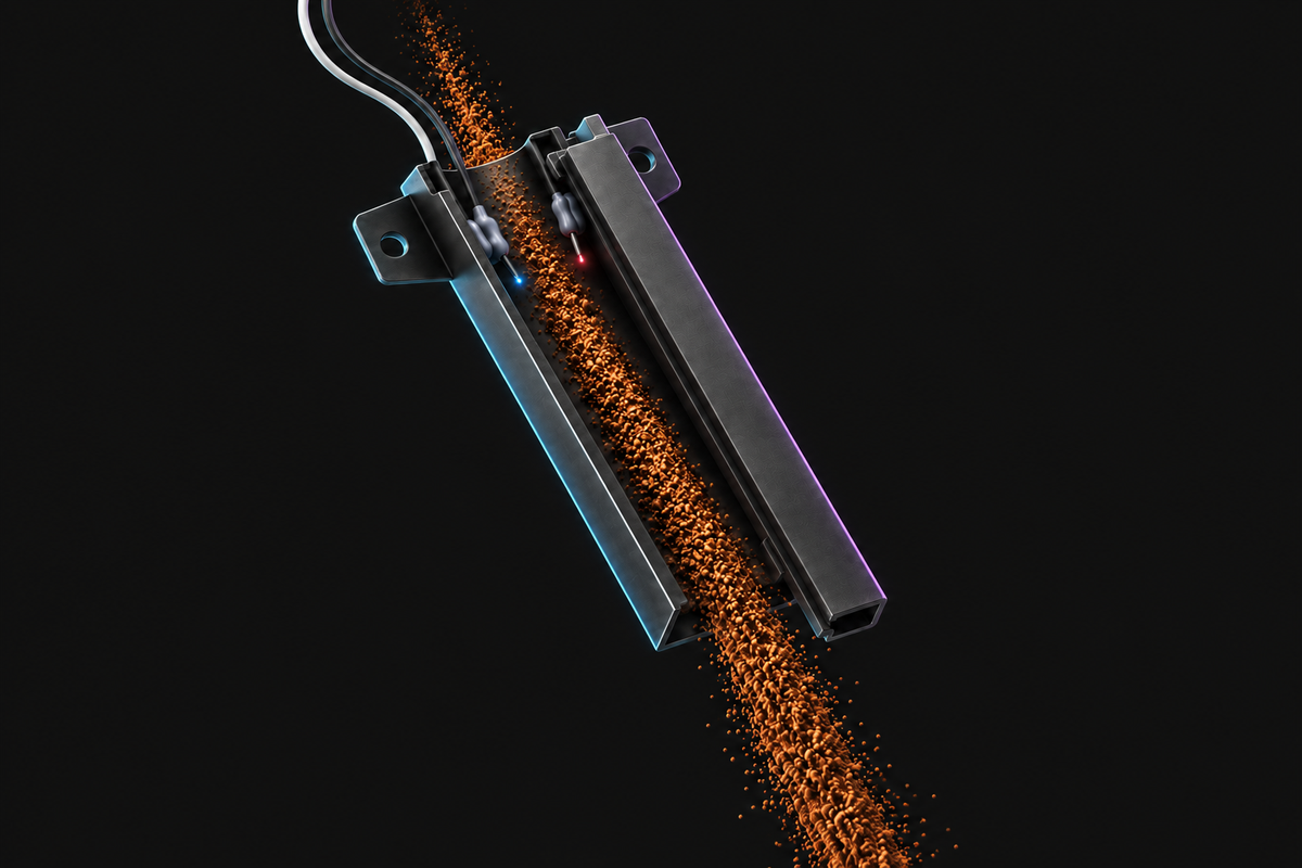 Stylised DF64 Gen 2 chute and electrode concept with coffee flow illustrating plasma-assisted static control (reference render)