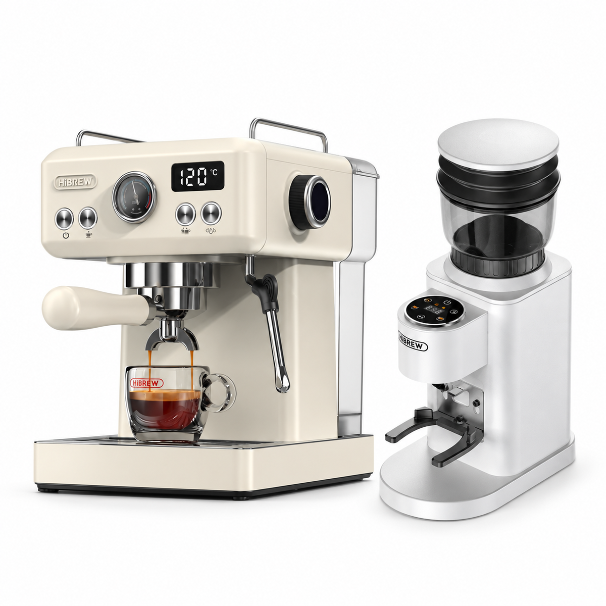 H10A beige espresso machine with G7 WHITE grinder on a white background