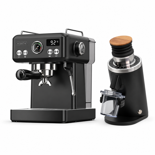 H10A black espresso machine with DF54 BLACK grinder on a white background