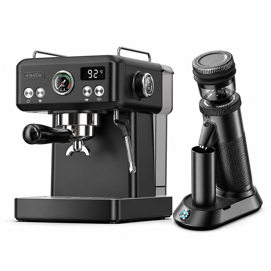 H10A black espresso machine with G5 BLACK grinder on a white background