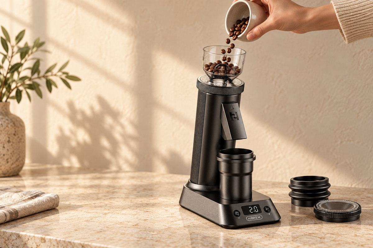 Measured beans poured into G5 Plus hopper on a warm stone counter (reference render)