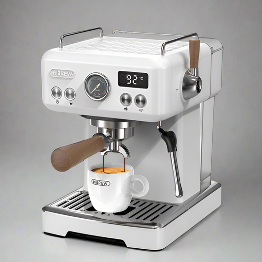 The HiBREW H10 Plus Espresso Coffee Machine in sleek white, featuring a digital display set to 92°C, ensures a custom coffee experience. It includes a wooden handle portafilter and matching mug, with a ready steam wand. The HiBREW brand is prominently displayed on both the machine and mug.