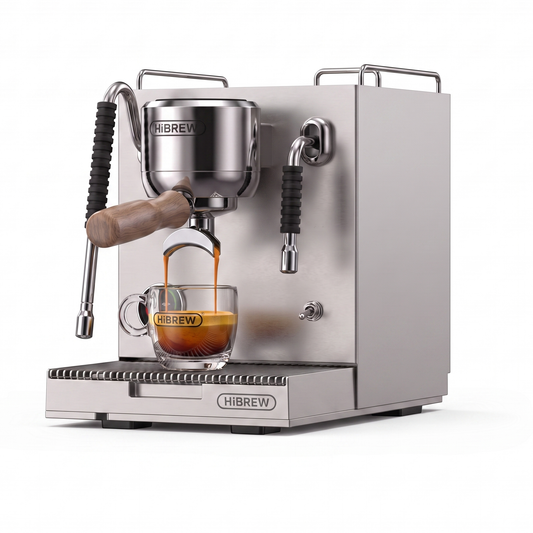 HiBREW H21 espresso machine pulling a shot into a glass demitasse