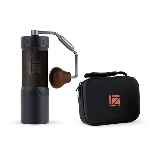 1Zpresso J-Ultra coffee grinder and black case. Manual, with a dark wood finish and a steel handle.