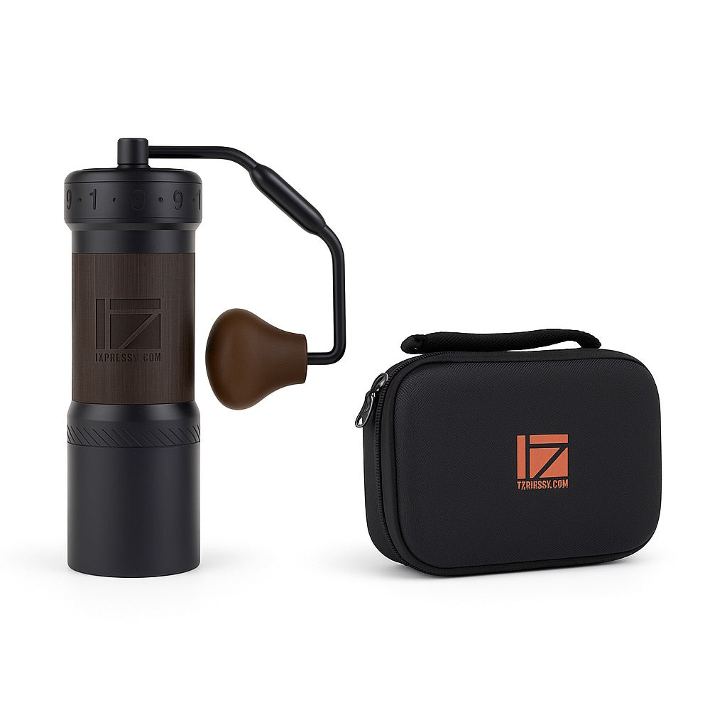 1Zpresso K-Ultra grinder with case. Manual coffee grinder, black with wood accents. Portable coffee grinding solution.