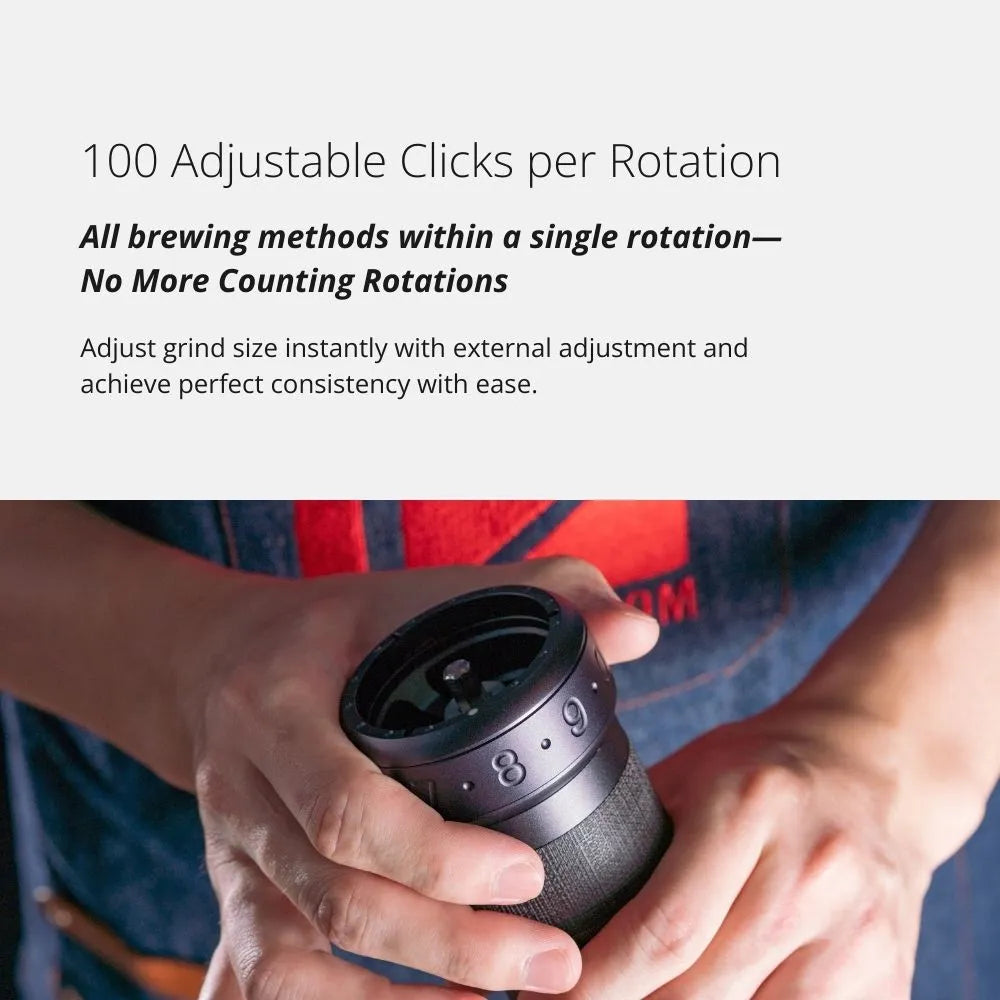 Hands holding 1Zpresso K-Ultra grinder, showing grind settings. Manual coffee grinder with numbered external adjustment ring.