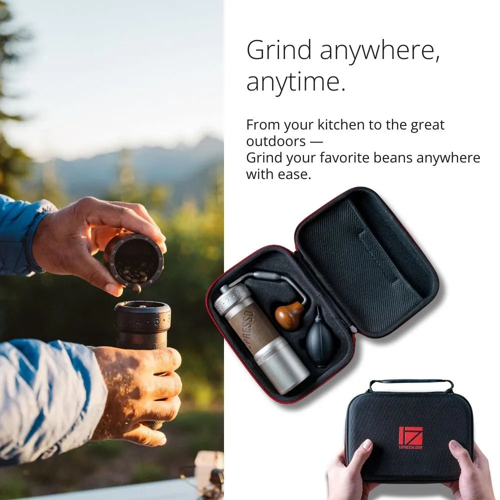 1Zpresso K-Ultra manual coffee grinder in use with carrying case. Ideal for outdoors.