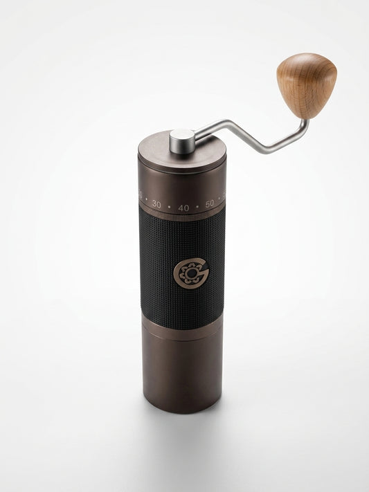 KINGrinder K7 hand grinder elevated angle showing 100-gear adjustment dial