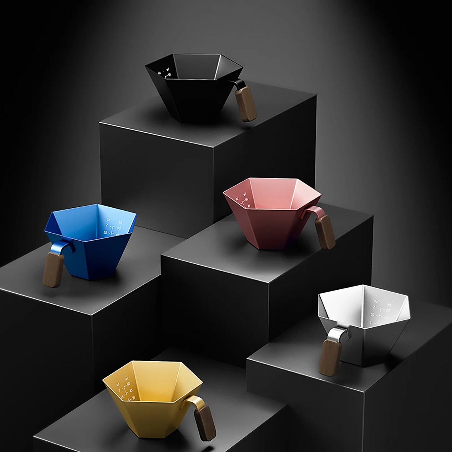MHW-3BOMBER Prism Measuring Cups: Hexagonal, aluminum alloy with wood handle in black, pink, blue, gold, and silver.