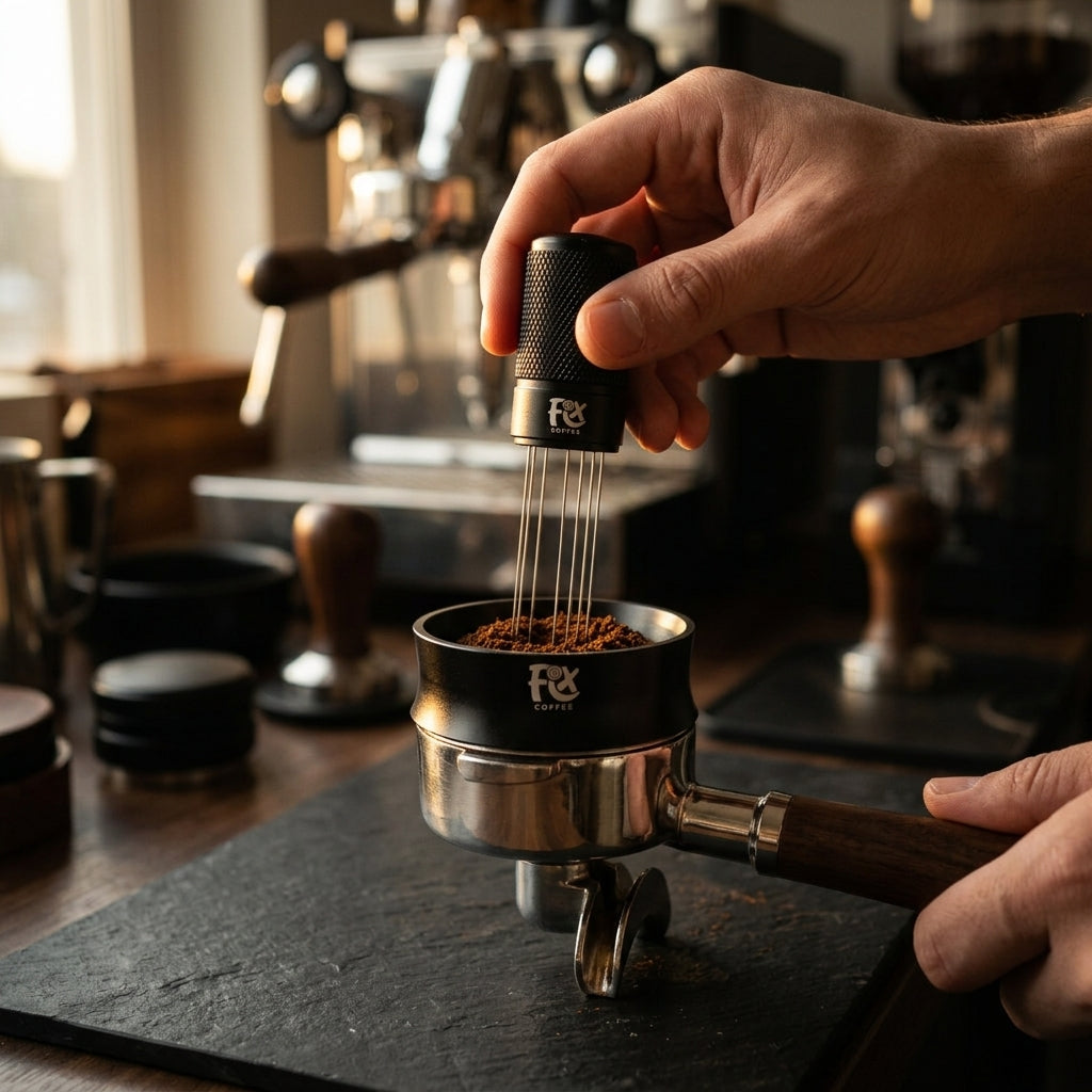 Fix Coffee Magnetic Dosing Ring with Fix Coffee WDT needle distribution tool being used to distribute coffee grounds in a portafilter