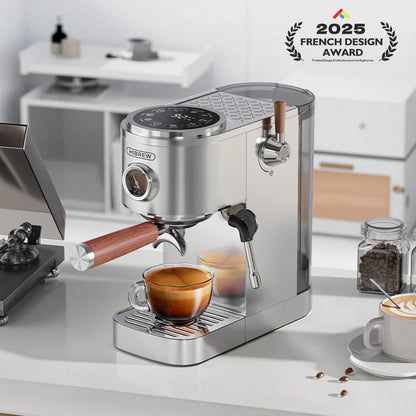 HiBREW H13 espresso machine. Silver with wood accents. French Design Award 2025. On a counter with a cup of espresso.