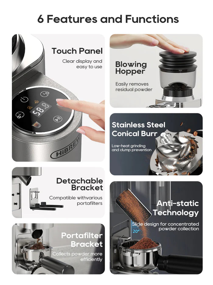 HiBREW G7 coffee grinder features: Touch panel, hopper, conical burr, brackets, and anti-static tech.