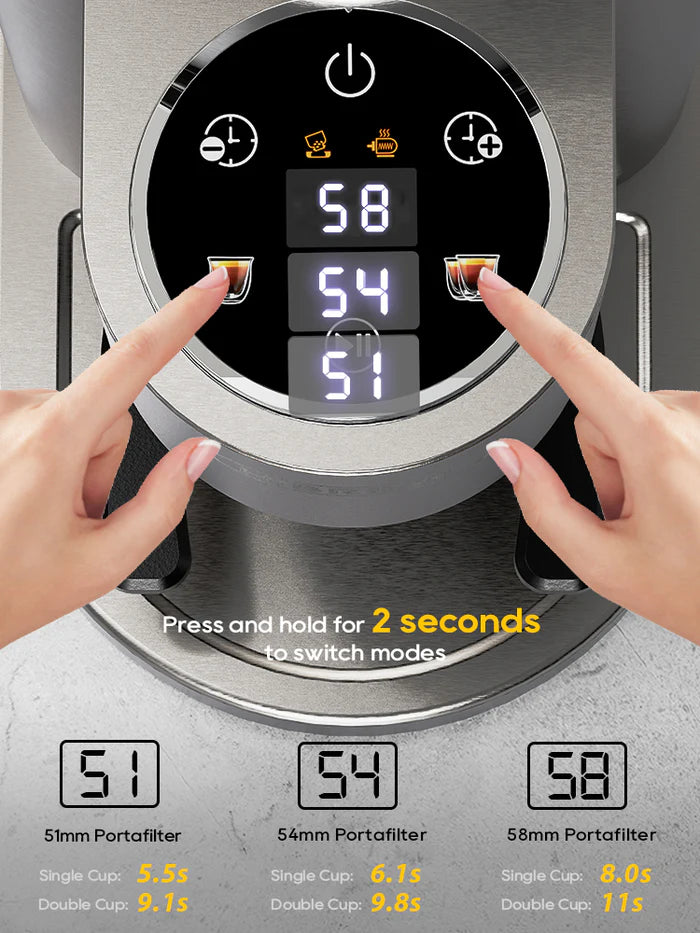 HiBREW G7 grinder controls: Portafilter size selector with digital display and hands touching the screen. 