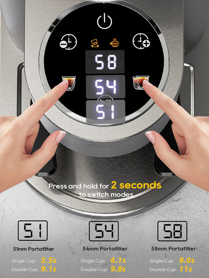 HiBREW G7 grinder controls: Portafilter size selector with digital display and hands touching the screen. 