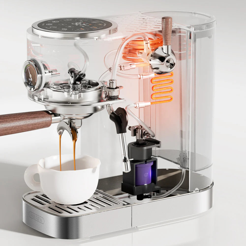 HiBREW H13 espresso machine brewing espresso. Transparent design reveals dual boiler system. 