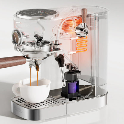 HiBREW H13 espresso machine brewing espresso. Transparent design reveals dual boiler system. 