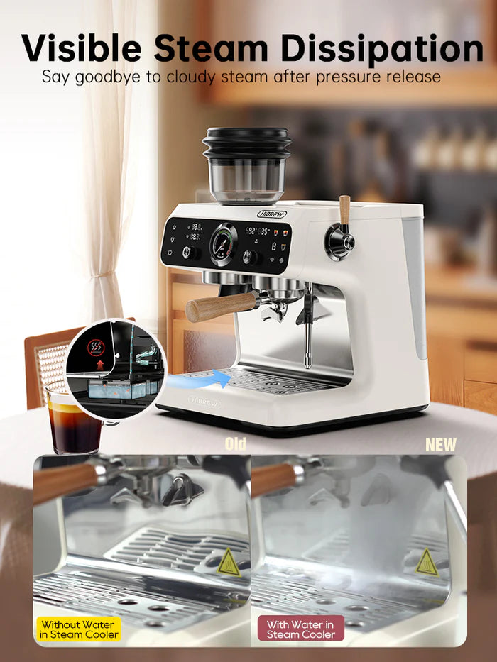 HiBREW H7B espresso machine with grinder. Visible steam dissipation after pressure release.