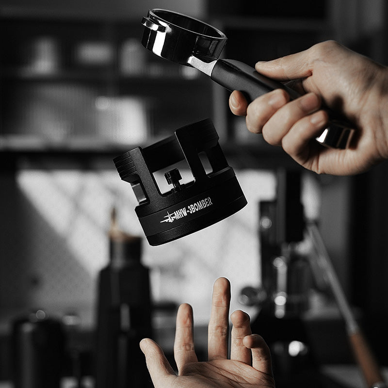 MHW-3BOMBER YU Series portafilter holder. Black metal espresso station with adjustable height. 
