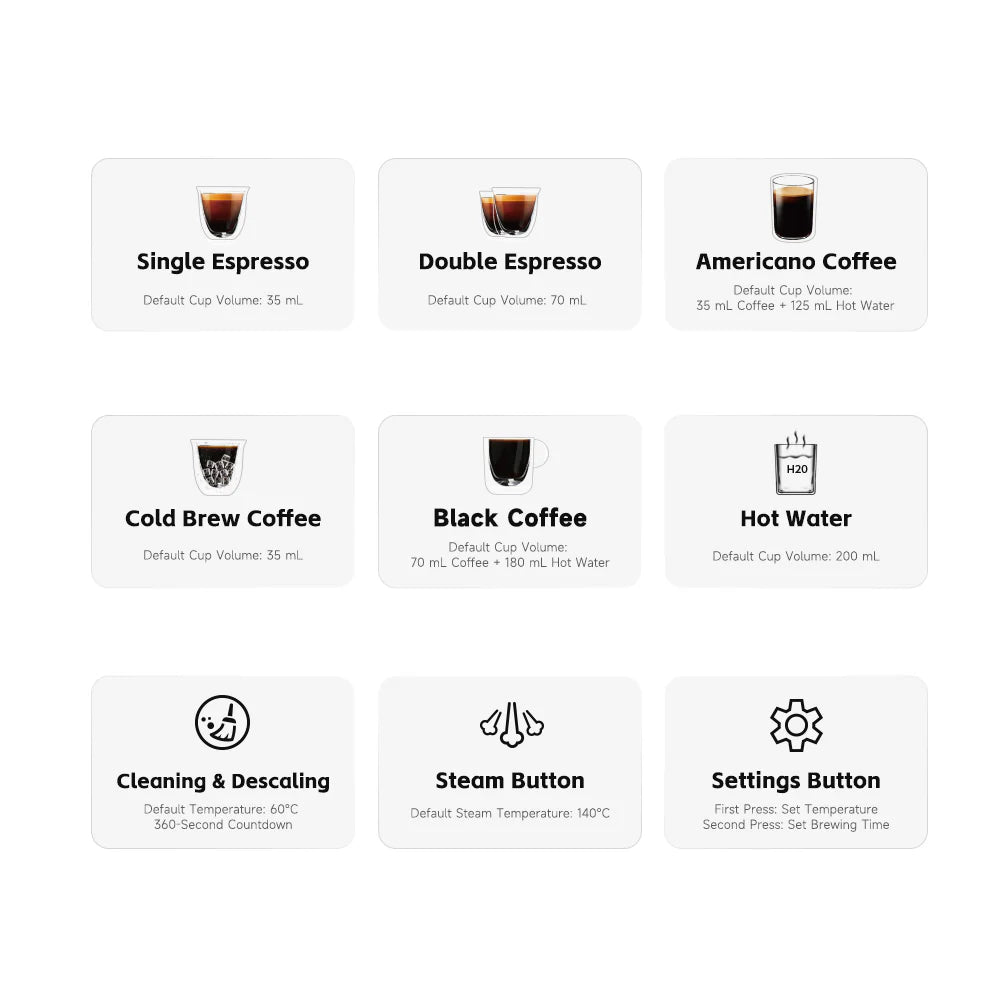 HiBREW H13 touchscreen menu: Espresso, Americano, Cold Brew, Hot Water, Cleaning, Steam, and Settings options.