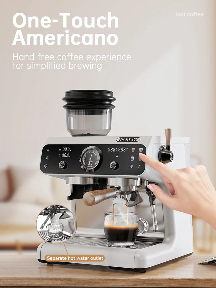 HiBREW H7B espresso machine brewing coffee. White with black display. One-touch operation. 