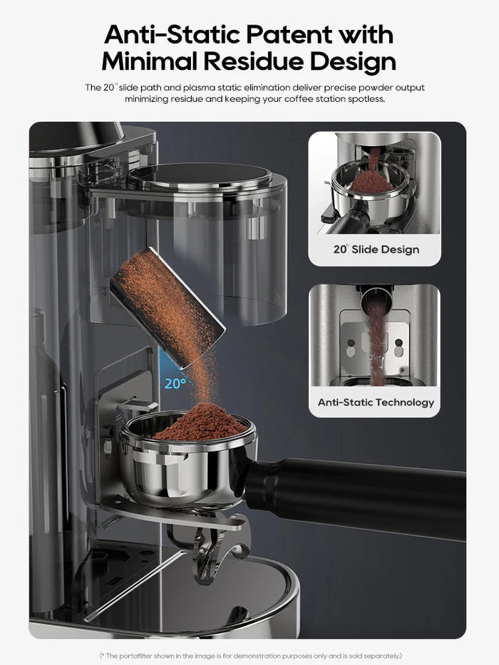 HiBREW G7 espresso grinder. Silver/black, grinds coffee into portafilter. Shows anti-static tech and 20° slide design.