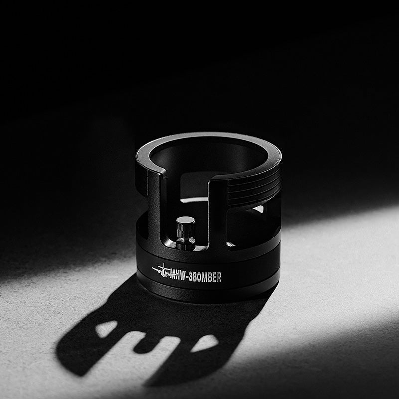 MHW-3BOMBER YU Series portafilter holder; black metal espresso tamping station with adjustable height.