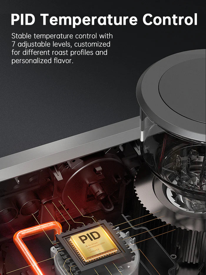 HiBREW H7B espresso machine close-up showing PID temperature control and internal components. Stainless steel and black.