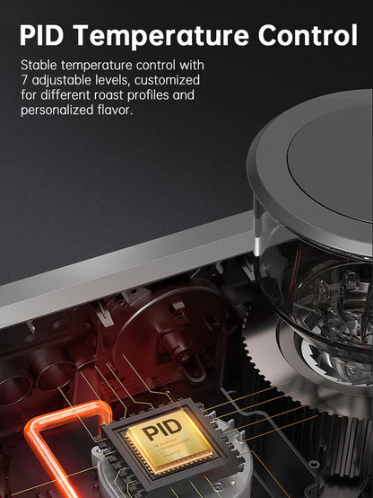 HiBREW H7B espresso machine close-up showing PID temperature control and internal components. Stainless steel and black.
