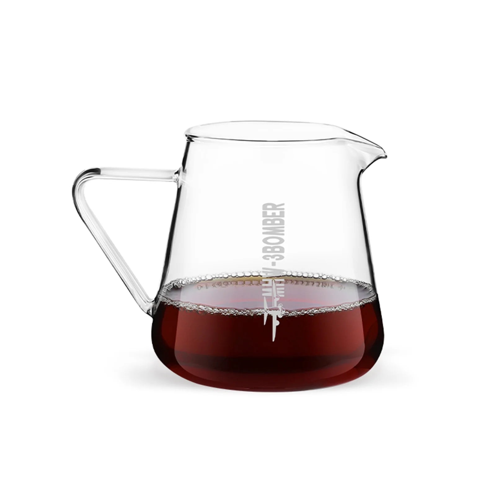 A clear borosilicate glass MHW-3BOMBER Elf Coffee Server with a handle filled with dark liquid. It has a drip-free pour spout, marked vertically with MHW-3BOMBER and 30 BOMBER. A line of bubbles appears at the top of the liquid.