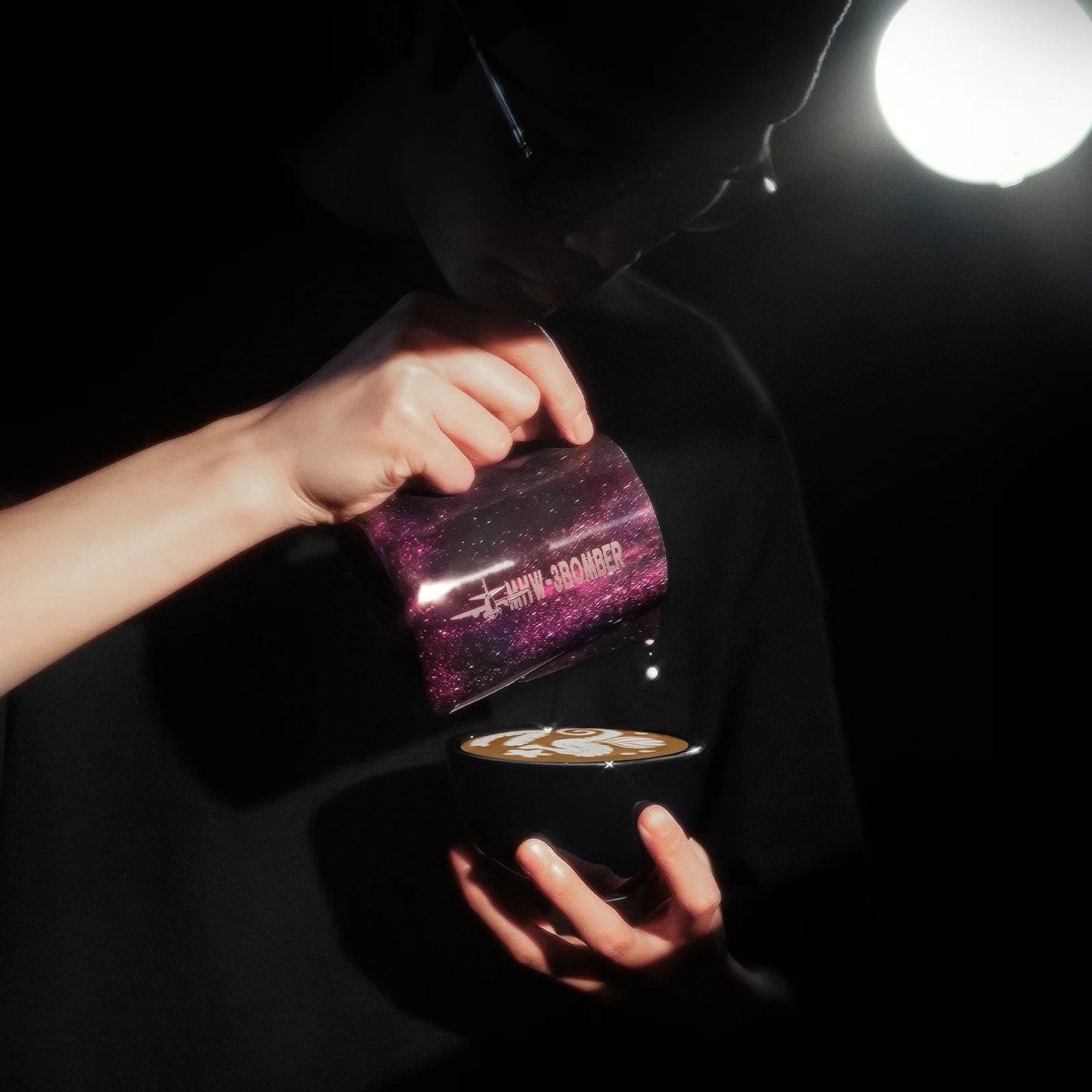 MHW-3BOMBER purple milk pitcher pouring latte art. Crocodile Spout. 