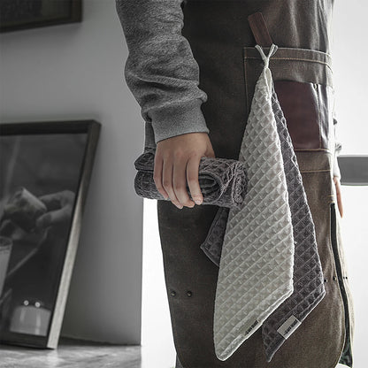 MHW-3BOMBER waffle bar towel, dark grey, 30x30cm. Honeycomb weave, hanging hook. Barista apron, gray roll held in hand.