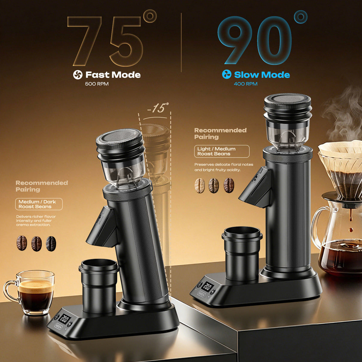 HiBREW G5 Plus fast mode at 500 RPM and a 75 degree tilt for medium and dark roasts, beside slow mode at 400 RPM and a 90 degree tilt for light and medium roasts.