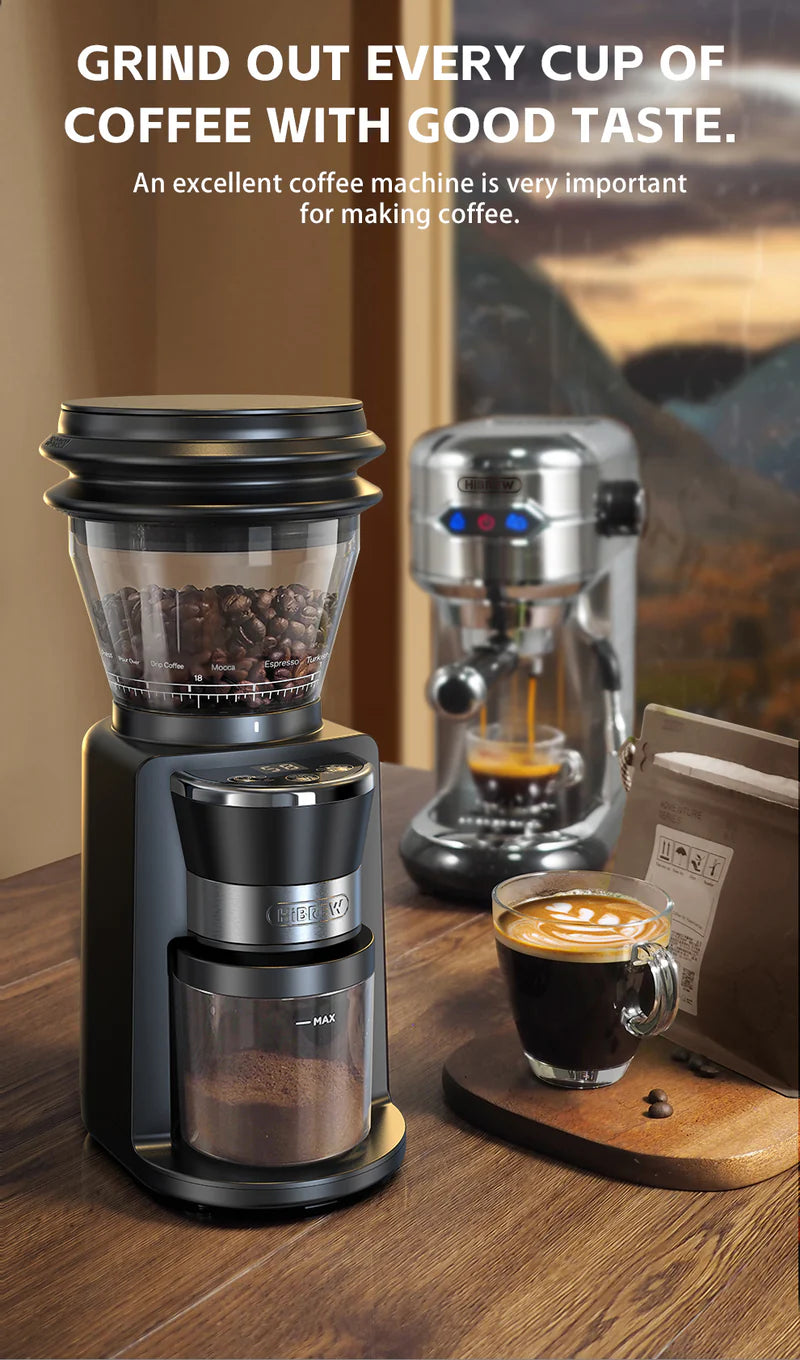 The HiBREW G3 40mm Conical Burr Electric Coffee Grinder by Fix Coffee, filled with beans and featuring adjustable grind settings, sits on a wooden table next to a steaming cup. In the background, a silver espresso machine glistens, emphasizing its role in crafting the perfect brew.