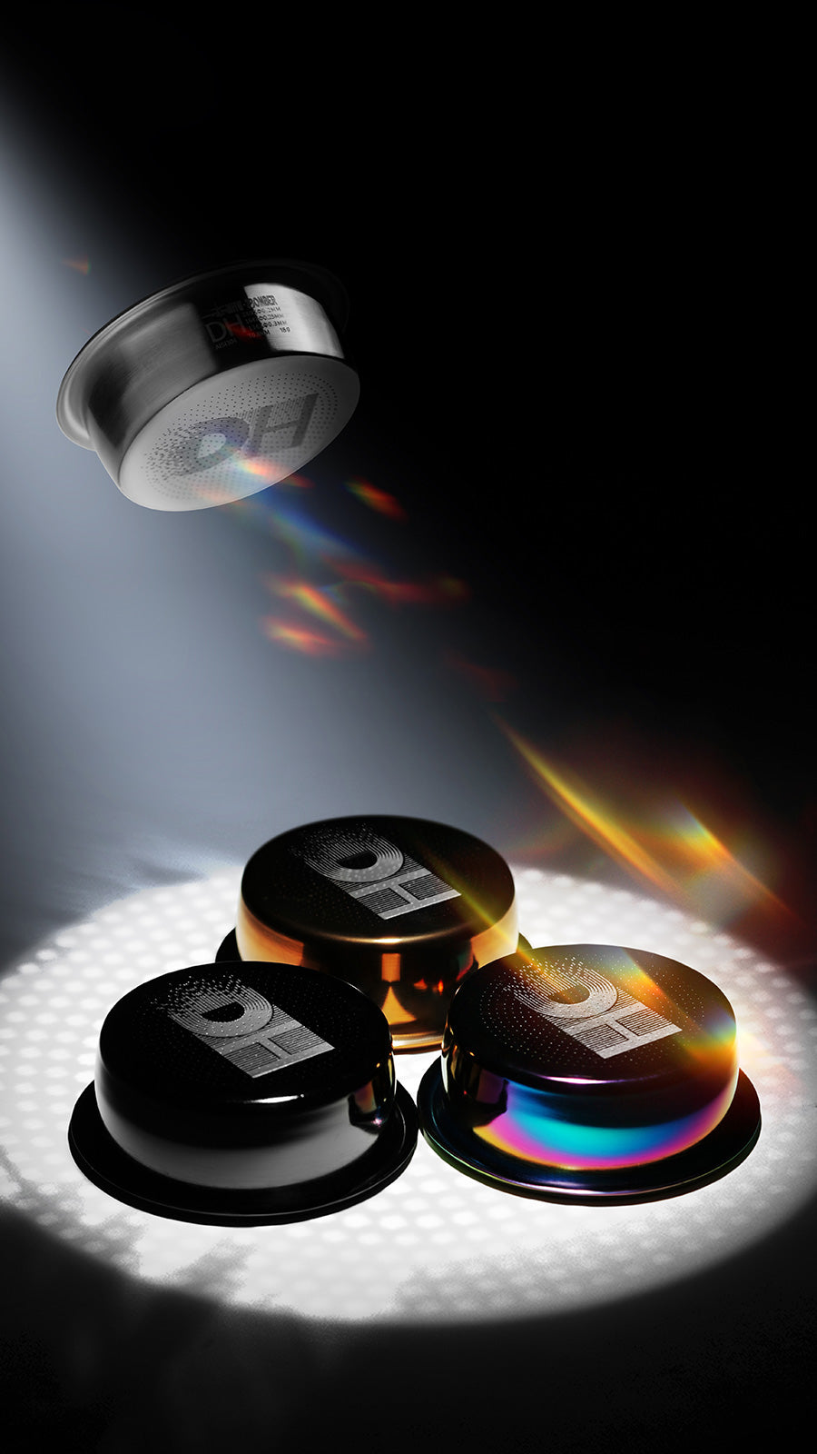 MHW-3BOMBER DH Filter Baskets 58mm. Black, bronze, & iridescent finish. Designed for dark roasts.