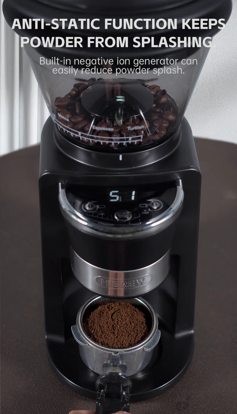Close-up of the HiBREW G3 electric coffee grinder by Fix Coffee, featuring 40mm conical burrs and anti-static tech with a negative ion generator to minimize powder splash. The display offers adjustable grind settings, while freshly ground coffee collects below.
