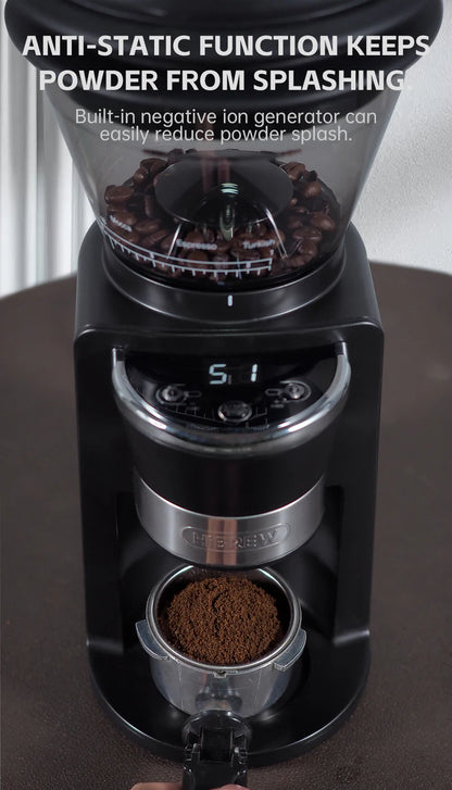 Close-up of the HiBREW G3 electric coffee grinder by Fix Coffee, featuring 40mm conical burrs and anti-static tech with a negative ion generator to minimize powder splash. The display offers adjustable grind settings, while freshly ground coffee collects below.