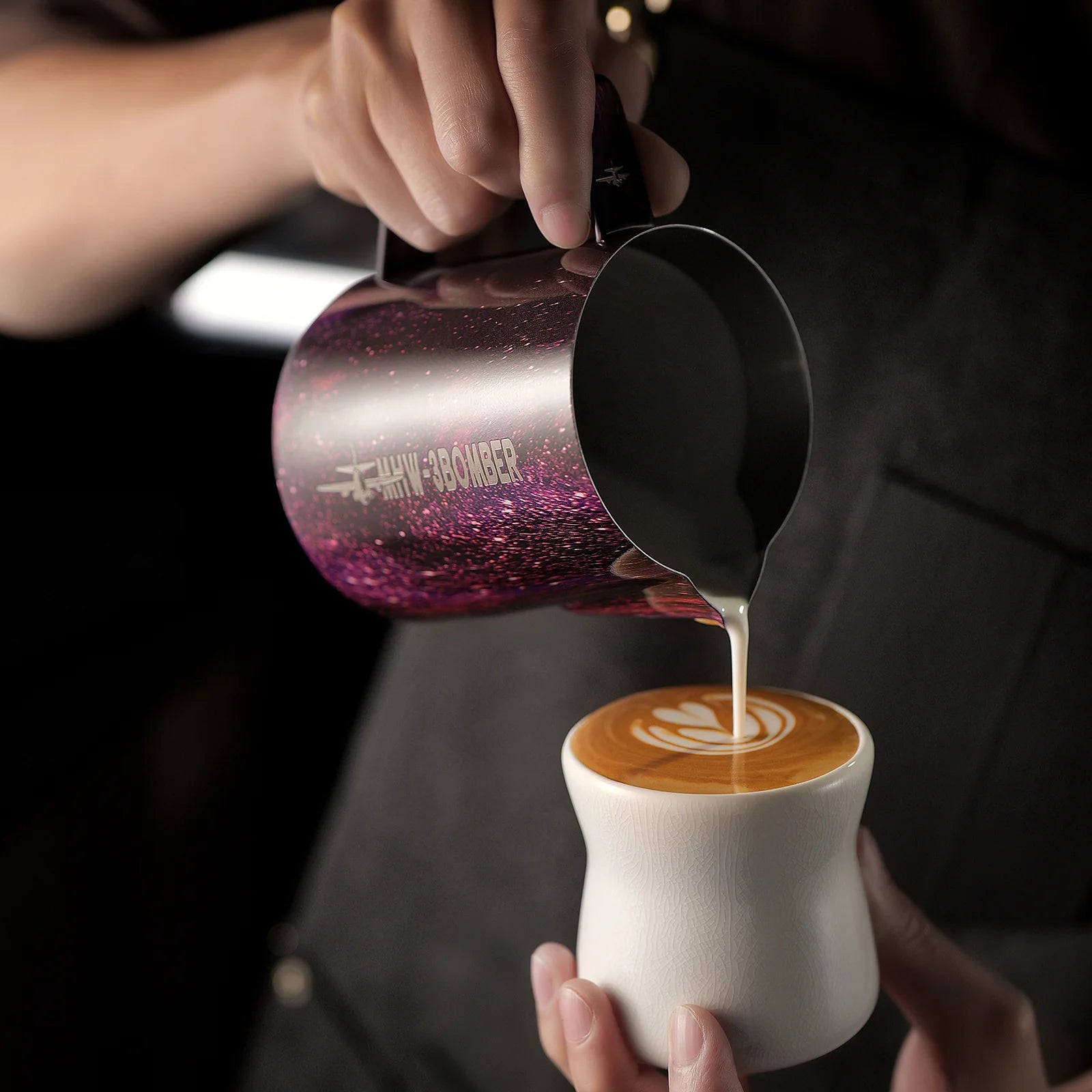 MHW-3BOMBER purple pitcher pouring latte art. Crocodile spout visible. ProductImage ID 62662750371999