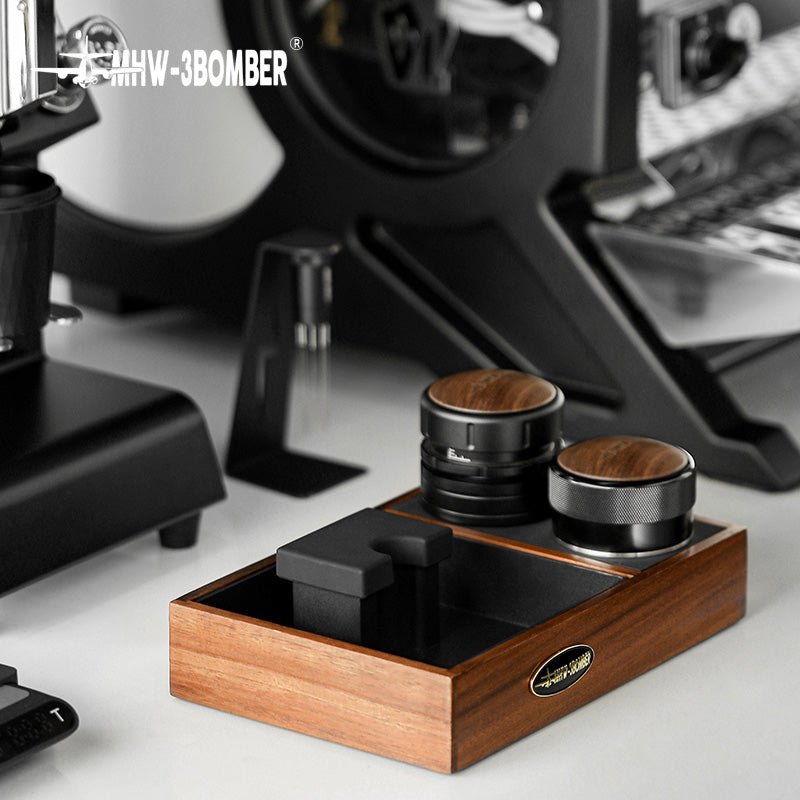 MHW-3BOMBER Espresso Tamping Station with wood portafilter holder and tamper. 