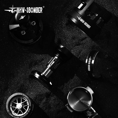 MHW-3BOMBER espresso tamper set. Black metal coffee distributor and tamping tools.