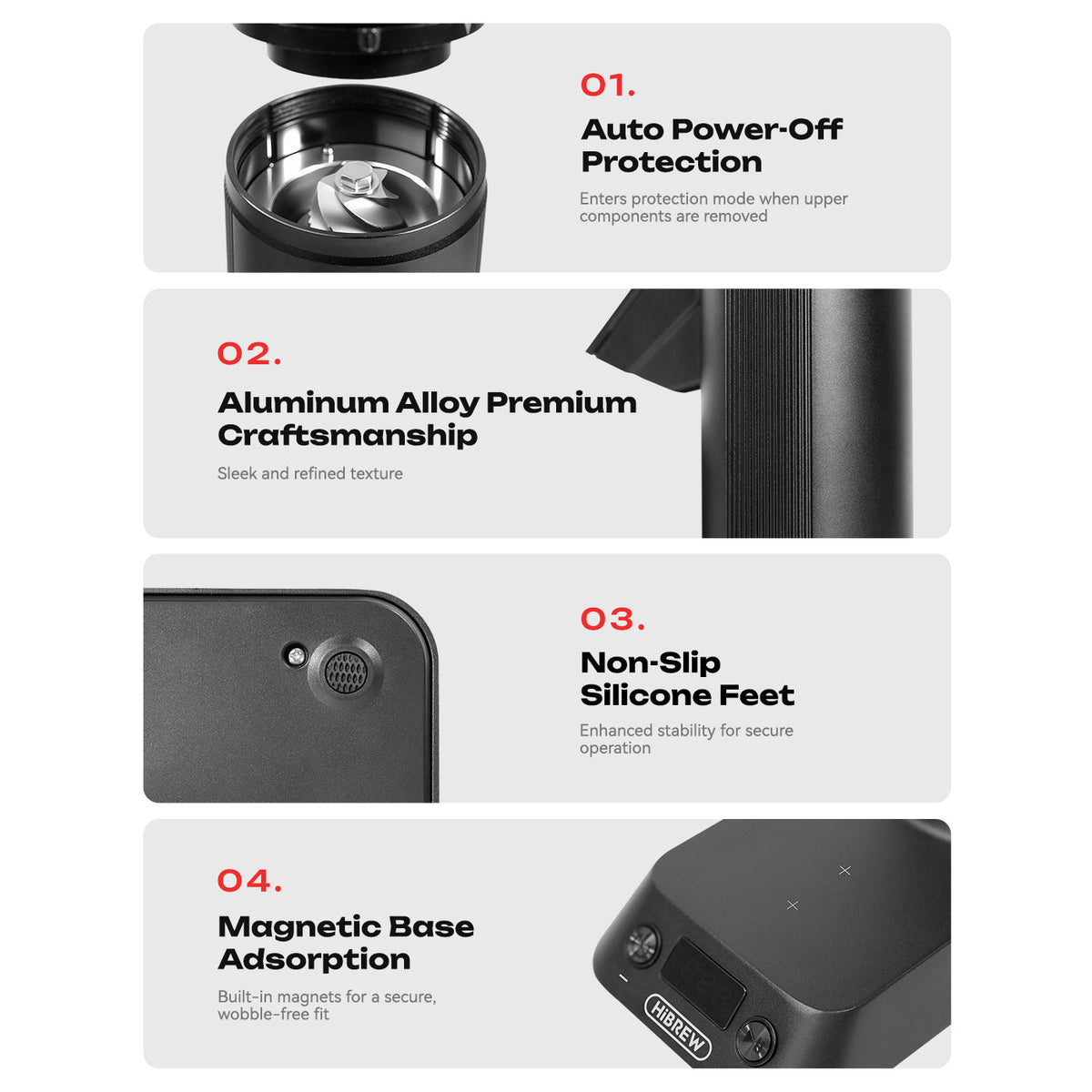Four HiBREW G5 Plus details: auto power-off protection, aluminium alloy body, non-slip silicone feet and a magnetic base.