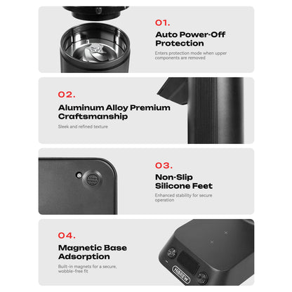 Four HiBREW G5 Plus details: auto power-off protection, aluminium alloy body, non-slip silicone feet and a magnetic base.