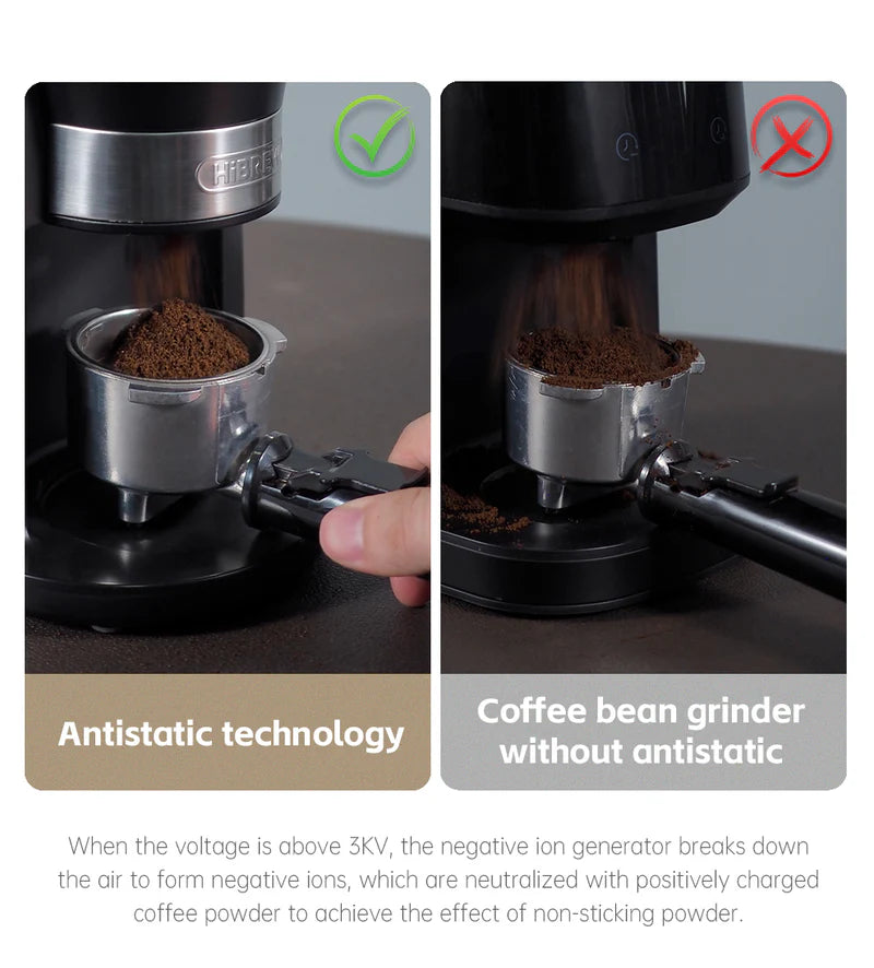 On the left, the Fix Coffee HiBREW G3s portafilter shows evenly distributed grounds with Antistatic technology and a green check. On the right, clumped grounds from a grinder without this feature are marked with a red X.