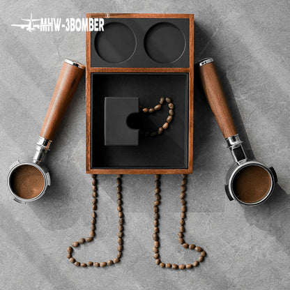 MHW-3BOMBER espresso tamping station with wood frame, portafilter holders, & coffee bean details. 