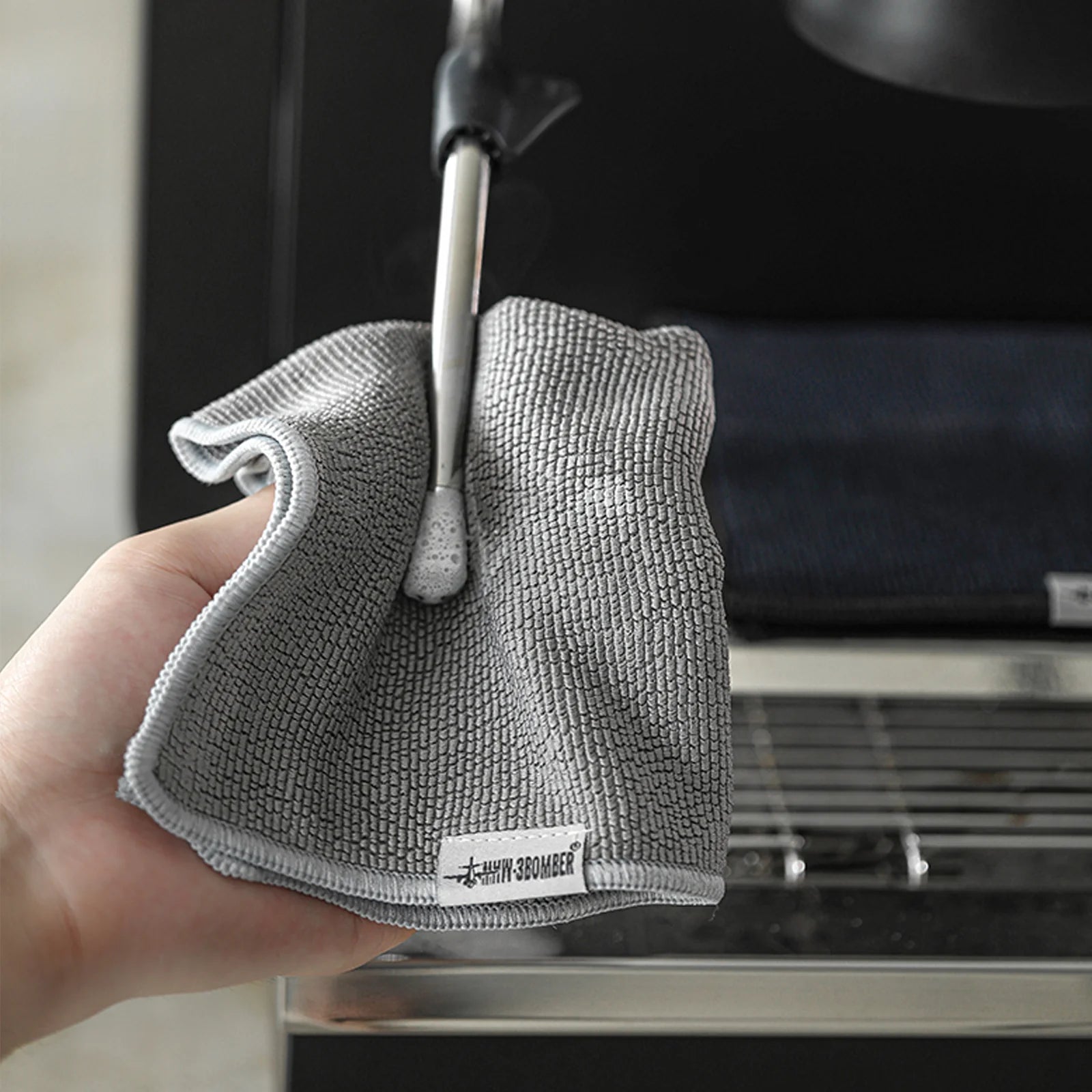 MHW-3BOMBER gray barista towel cleaning espresso machine. Durable polyester microfiber cleaning cloth.