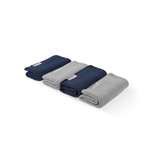 MHW-3BOMBER barista towels: set of 4, blue and gray. Ribbed texture, absorbent. 