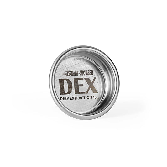 MHW-3BOMBER 58mm DEX filter basket. Silver stainless steel espresso part for deep extraction.