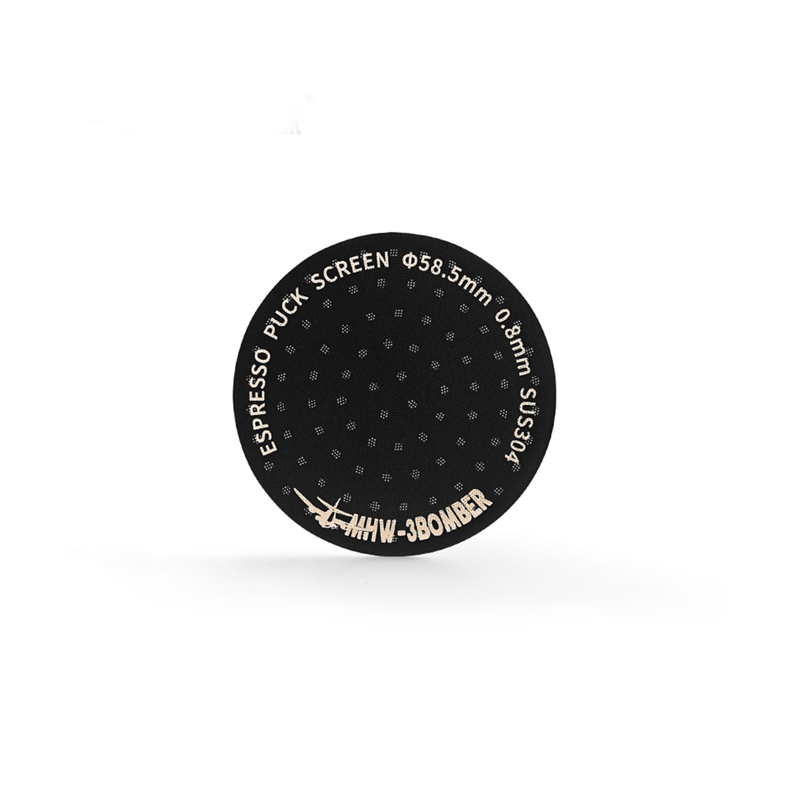 The MHW-3BOMBER Espresso Puck Screen features sleek, black titanium plating with ESPRESSO PUCK SCREEN text along the edge, specifications Φ58.5mm and 0.8mm SUS304, and the bold logo MHW-3BOMBER against a white background.